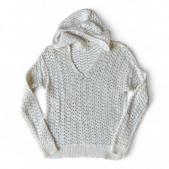 Loft women's oatmeal cream open chunky knit crochet hooded sweater Medium - Picture 1 of 7